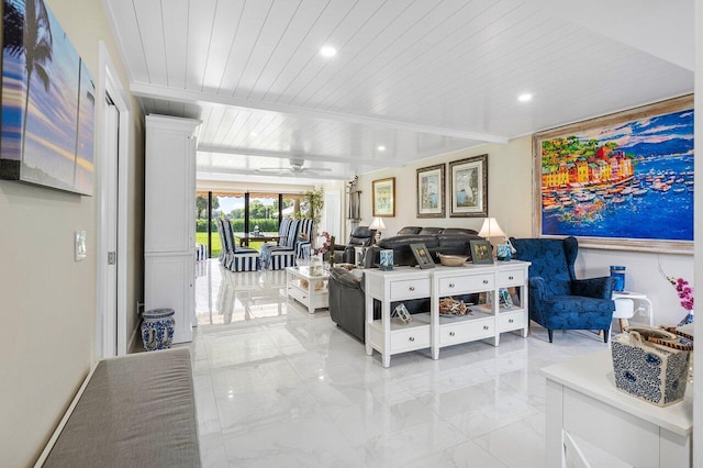 living room featuring ceiling fan and wooden ceiling