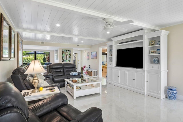 living room featuring wood ceiling and ceiling fan