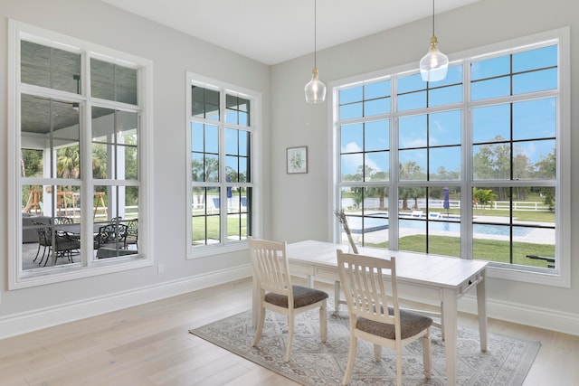 dining room with hardwood / wood-style flooring and a healthy amount of sunlight