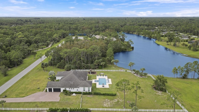 bird's eye view with a water view and a view of trees