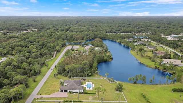 bird's eye view with a water view