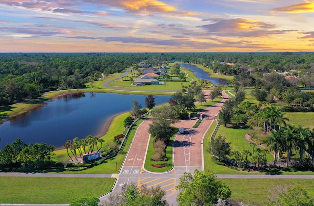 aerial view at dusk featuring a water view