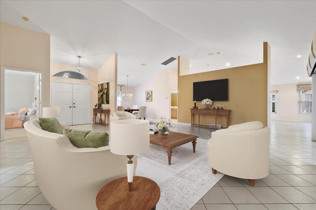 tiled living room with lofted ceiling