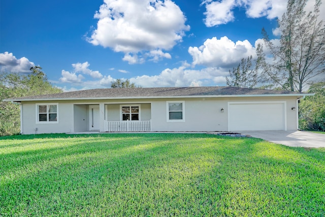 ranch-style house with a garage, a front lawn, and a porch