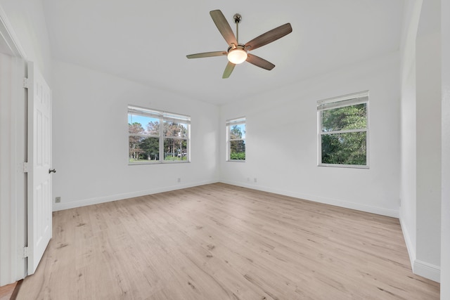 unfurnished bedroom with light wood-type flooring and ceiling fan