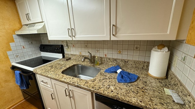 kitchen with backsplash, sink, light stone countertops, white range with electric stovetop, and white cabinetry