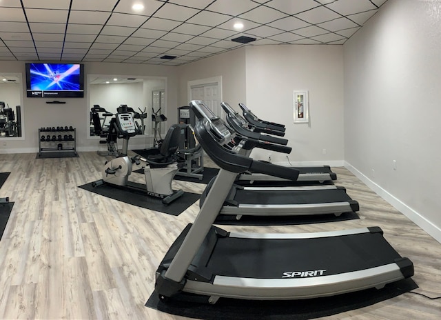 exercise room featuring a drop ceiling and hardwood / wood-style flooring