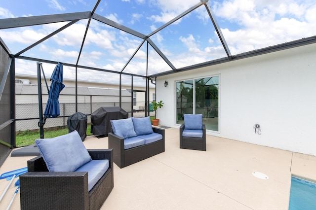 view of patio featuring an outdoor living space, fence, grilling area, and a lanai