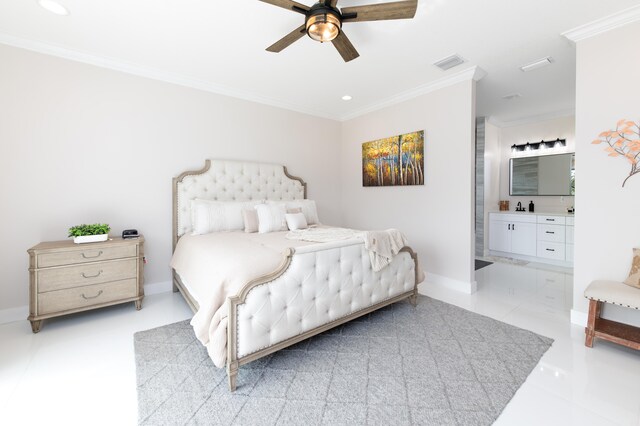 bedroom with connected bathroom, crown molding, and ceiling fan