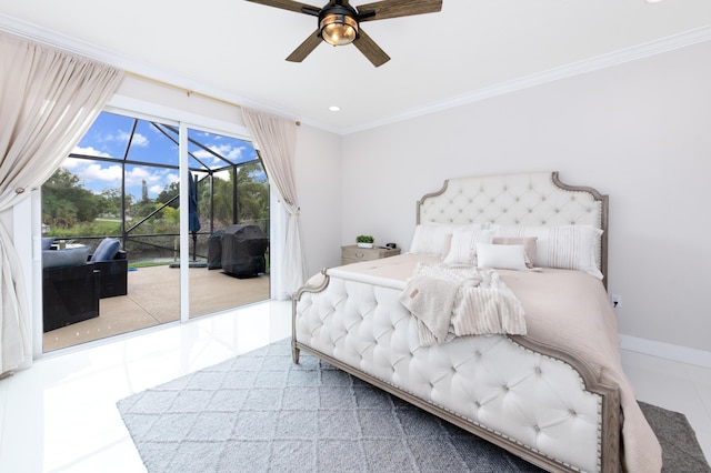 bedroom featuring crown molding, a sunroom, tile patterned floors, a ceiling fan, and access to outside