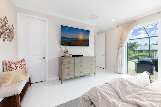 tiled bedroom featuring access to outside and ornamental molding