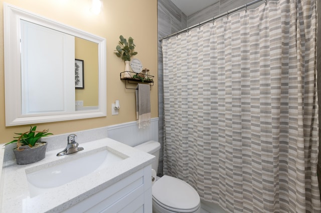 bathroom featuring vanity, toilet, and a shower with shower curtain