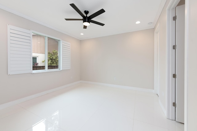 tiled empty room with crown molding, recessed lighting, ceiling fan, and baseboards