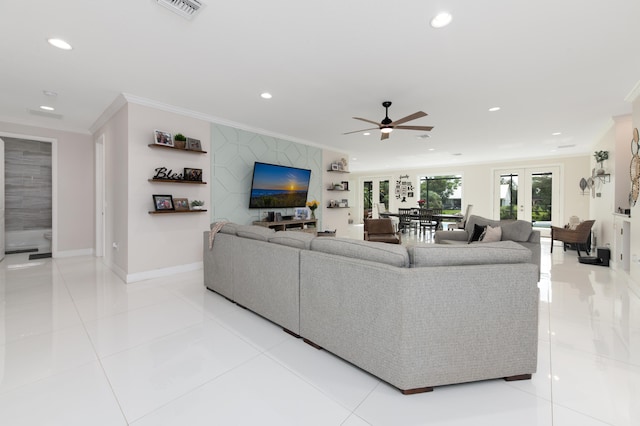 living room featuring french doors, ornamental molding, light tile patterned floors, and ceiling fan