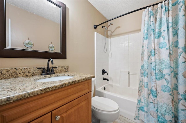 full bathroom featuring toilet, a textured ceiling, shower / tub combo with curtain, and vanity