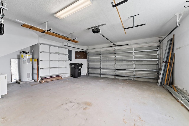 garage with a garage door opener and water heater