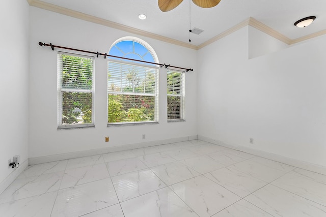 unfurnished room featuring ceiling fan and crown molding