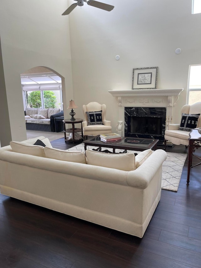 living room with a fireplace, a healthy amount of sunlight, and dark hardwood / wood-style flooring