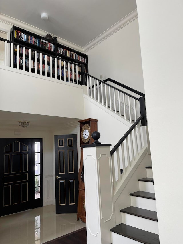 stairs with crown molding