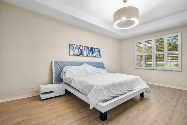 bedroom featuring light hardwood / wood-style floors and a raised ceiling