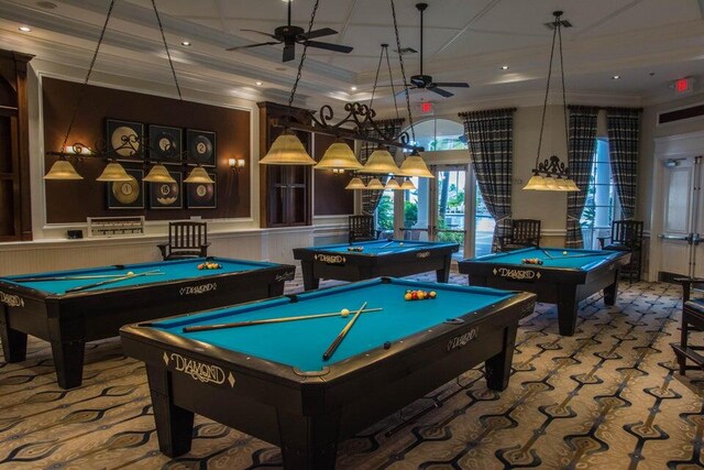 playroom with ornamental molding, french doors, billiards, and ceiling fan