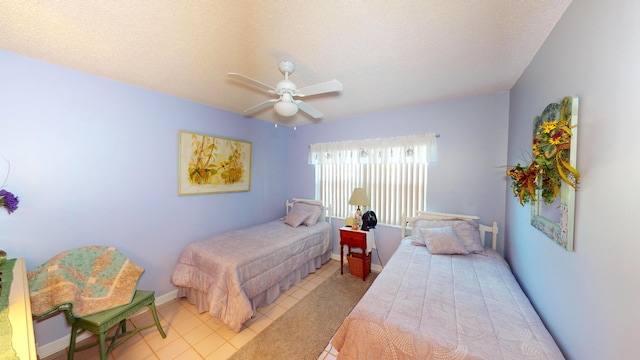 bedroom with a textured ceiling and ceiling fan