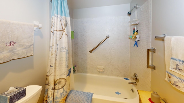 bathroom with toilet and shower / bathtub combination with curtain