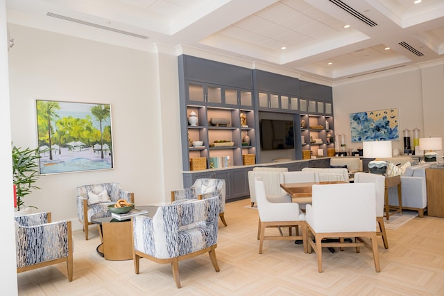 dining space featuring beam ceiling, crown molding, a high ceiling, and coffered ceiling