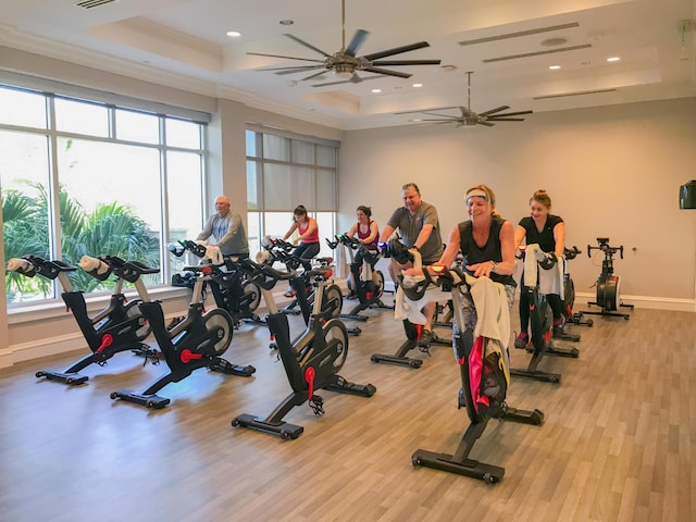 workout area with a tray ceiling, light hardwood / wood-style flooring, and ceiling fan