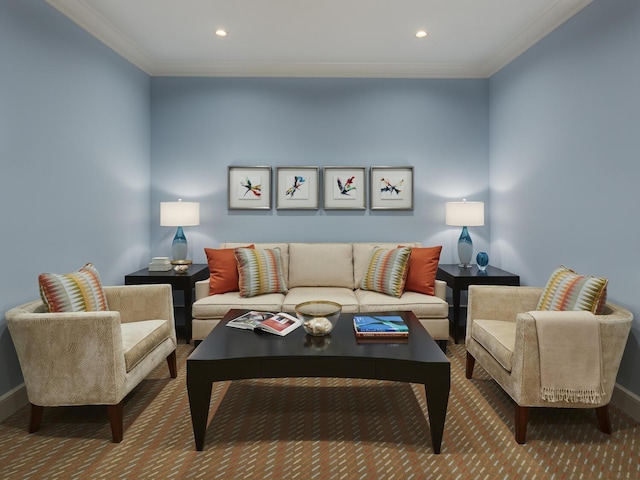 living room with crown molding