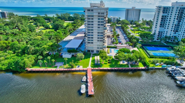 birds eye view of property featuring a water view