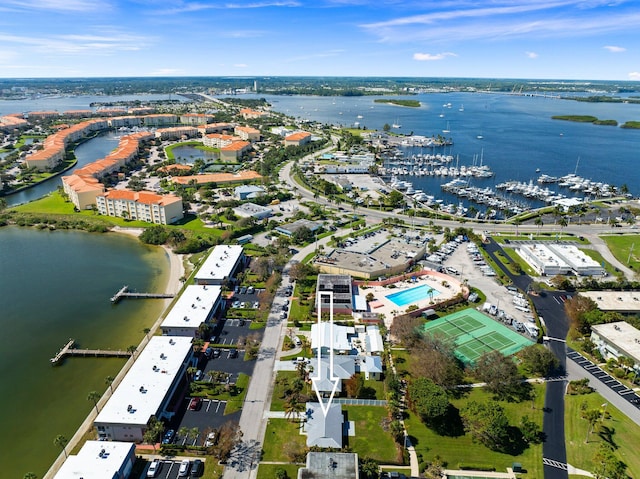 aerial view featuring a water view