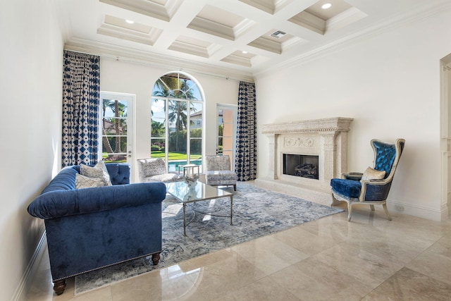 living room with beam ceiling, a premium fireplace, crown molding, and coffered ceiling