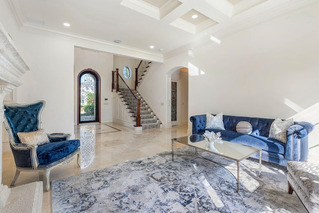 living room featuring beam ceiling, crown molding, and coffered ceiling