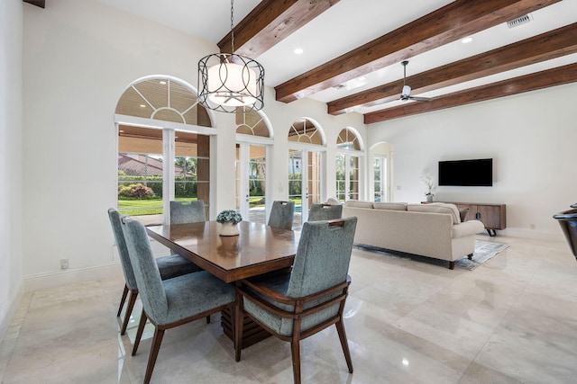 dining area with beam ceiling and ceiling fan with notable chandelier