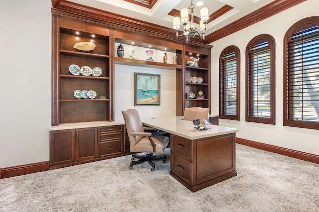 carpeted home office with beam ceiling, a chandelier, coffered ceiling, and ornamental molding