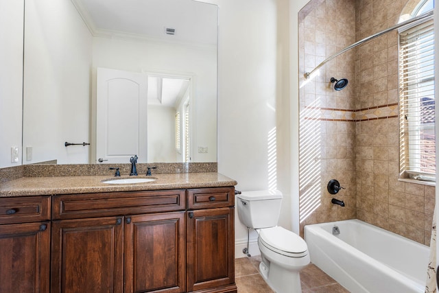 full bathroom with tile patterned floors, crown molding, tiled shower / bath, and a wealth of natural light