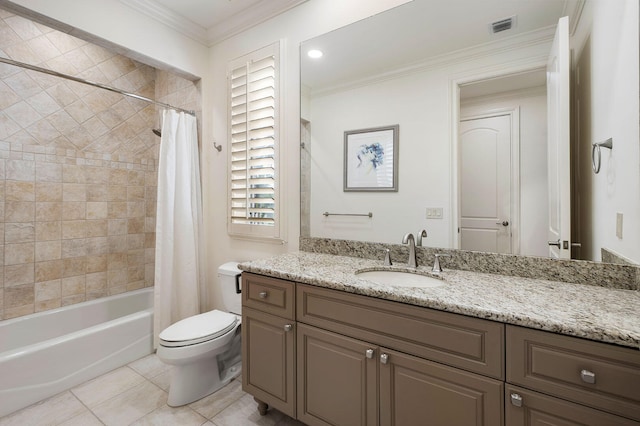 full bathroom featuring vanity, tile patterned floors, crown molding, toilet, and shower / bathtub combination with curtain