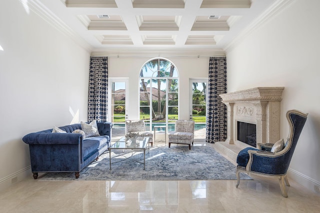 living room featuring beamed ceiling, a fireplace, crown molding, and coffered ceiling