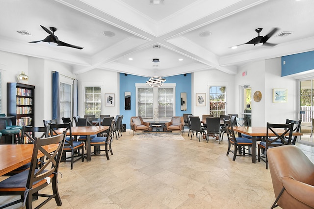 dining area featuring ceiling fan, beam ceiling, and plenty of natural light