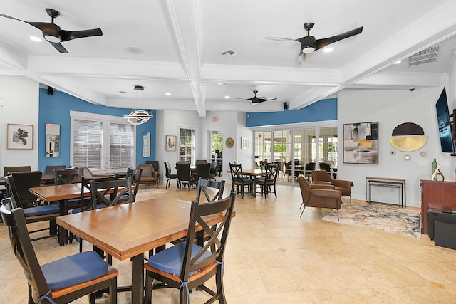 dining area with beamed ceiling and light tile patterned floors