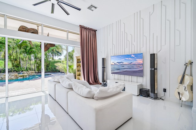 living room with ceiling fan