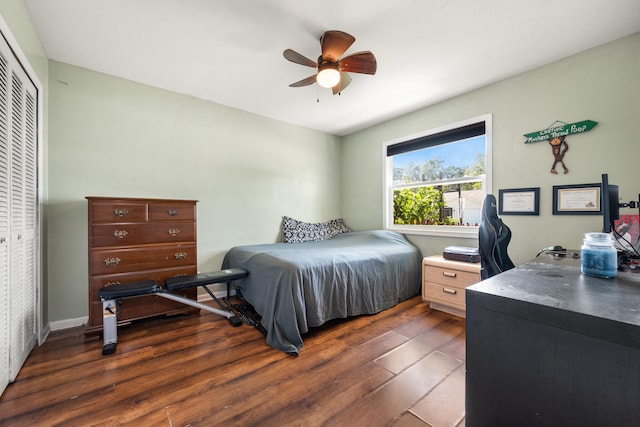 bedroom featuring ceiling fan, dark wood-type flooring, and a closet