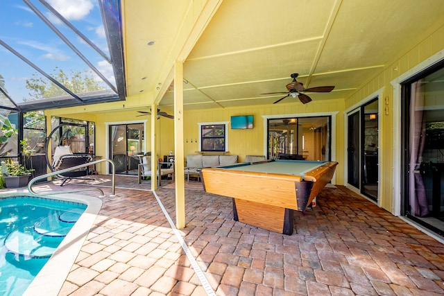 playroom with a hot tub, ceiling fan, and billiards