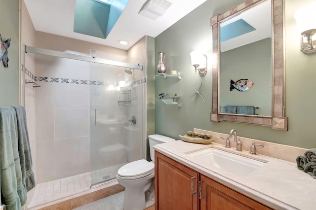 bathroom with toilet, an enclosed shower, vanity, and tile patterned flooring