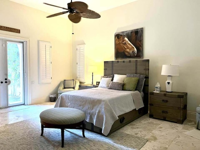 bedroom featuring access to outside and ceiling fan