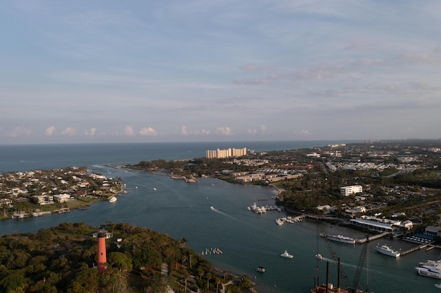 birds eye view of property featuring a water view