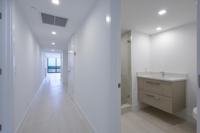 hall featuring light hardwood / wood-style flooring and sink