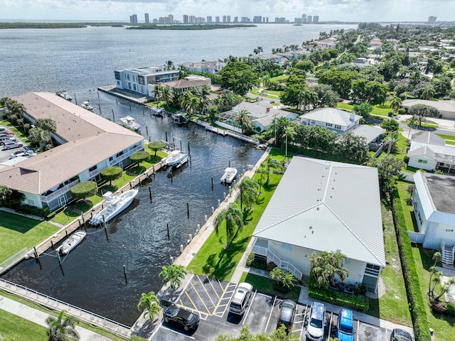 bird's eye view with a water view