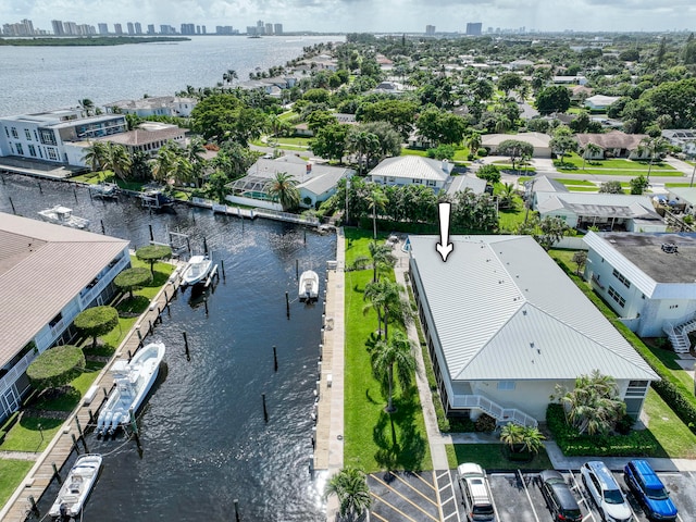 aerial view featuring a water view